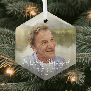 Any Text Memorial Simple White Script 1 Photo Glass Ornament