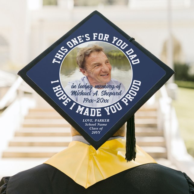 Any Text Memorial Tribute Photo Navy Blue & White Graduation Cap Topper (Creator Uploaded)