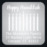 Any Text Menorah Faux Foil Return Address Labels<br><div class="desc">Add a chic holiday card finishing touch with these elegant white and faux silver foil glossy return address labels / envelope seals. All text can easily be customized with name and address. Modern minimalist design features the lit candles of a menorah and stylish script and calligraphy style typography. Happy Hanukkah!...</div>