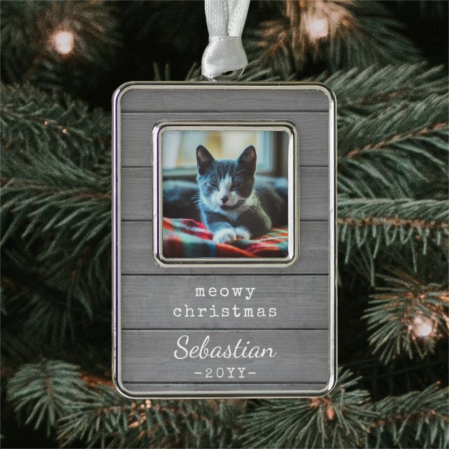Any Text Meowy Christmas Cat Photo Gray Faux Wood  Ornament (Creator Uploaded)
