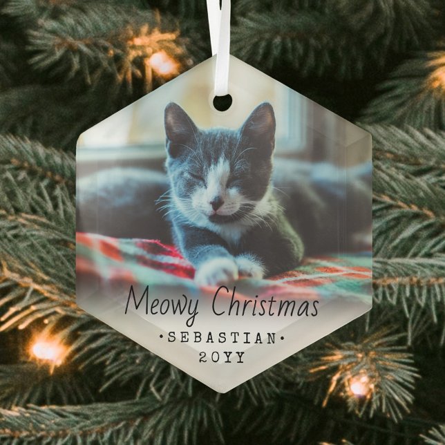 Any Text Meowy Christmas Cat Simple Hexagon Photo Glass Ornament (Creator Uploaded)