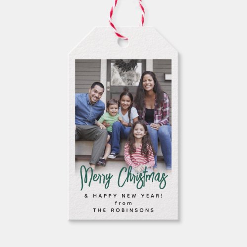 Any Text Modern Brushed Green Script  Photo Gift Tags