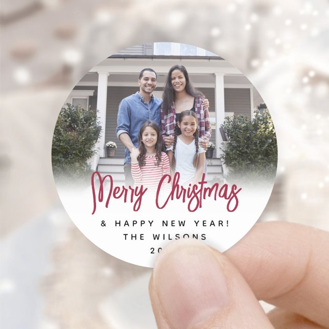 Any Text Modern Brushed Red Script Christmas Photo Classic Round Sticker (Creator Uploaded)