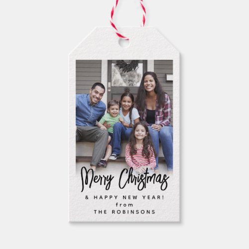 Any Text Modern Brushed Script Photo Black  White Gift Tags
