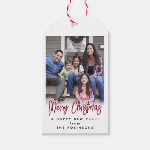 Any Text Modern Brushed Script  Photo Festive Red Gift Tags