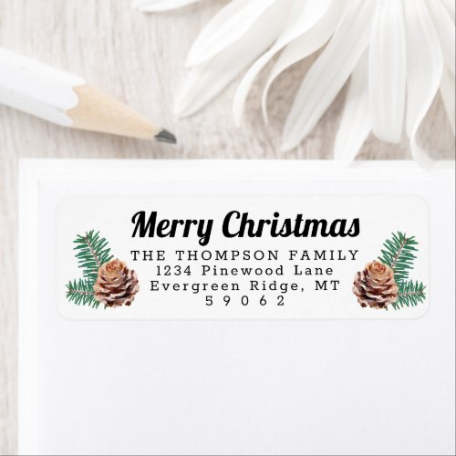 Any Text Modern Holiday Pine White Return Address Label - Add a stylish finishing touch to holiday card envelopes with these modern holiday return address labels. All text on this template is simple to customize to include any wording, such as Merry Christmas, Happy Holidays, Seasons Greetings, New Year Cheers etc. As an option, change script typography to family name, and use the rest for the address only. Design features a festive watercolor pine greenery and chic script calligraphy on a white background. Perfect for Christmas cards and holiday party invitations.