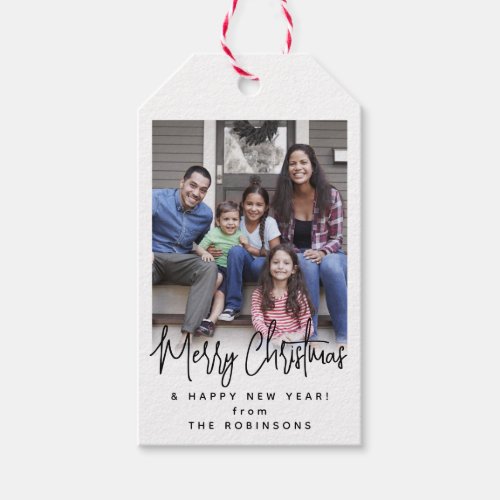 Any Text Modern Script Simple Photo Black  White Gift Tags