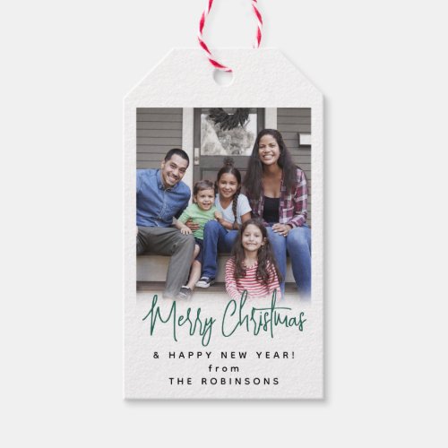 Any Text Modern Simple Green Script  Photo Gift Tags