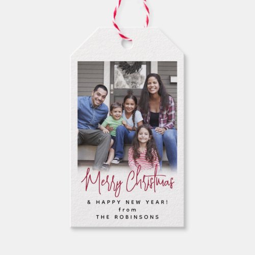 Any Text Modern Simple Script  Photo Festive Red Gift Tags