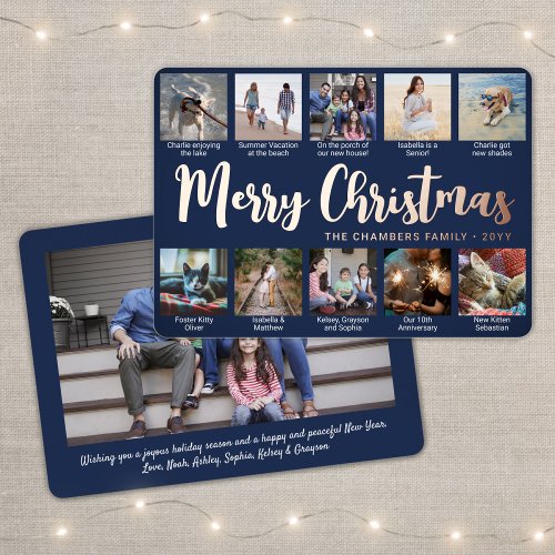 Any Text Navy Blue 11 Photo Collage Trendy Script Foil Holiday Card