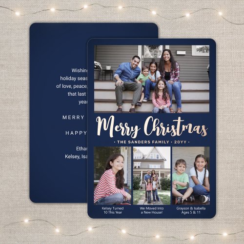 Any Text Navy Blue 4 Photo Collage Trendy Script Foil Holiday Card