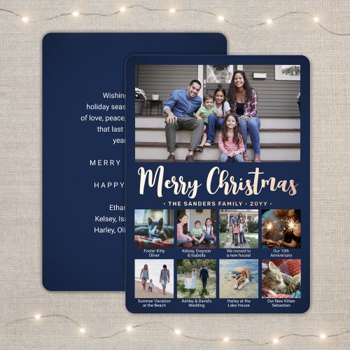 Any Text Navy Blue 9 Photo Collage Trendy Script Foil Holiday Card
