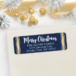 Any Text Navy Blue & Gold Christmas Return Address Label<br><div class="desc">Add a festive finishing touch to holiday card envelopes with customized navy blue, white and gold return address labels. All text on this template is simple to personalize with any wording, such as Merry Christmas, Happy Holidays, Seasons Greetings, or Happy New Year. As an option, change the greeting to your...</div>