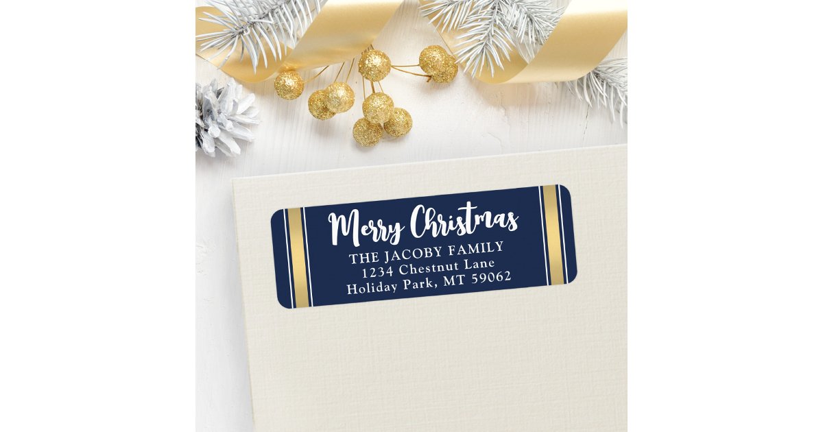 Any Text Navy Blue & Gold Christmas Return Address Label | Zazzle