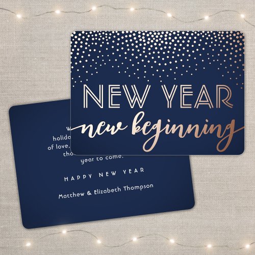 Any Text Navy Blue New Year New Beginning Confetti Foil Holiday Card