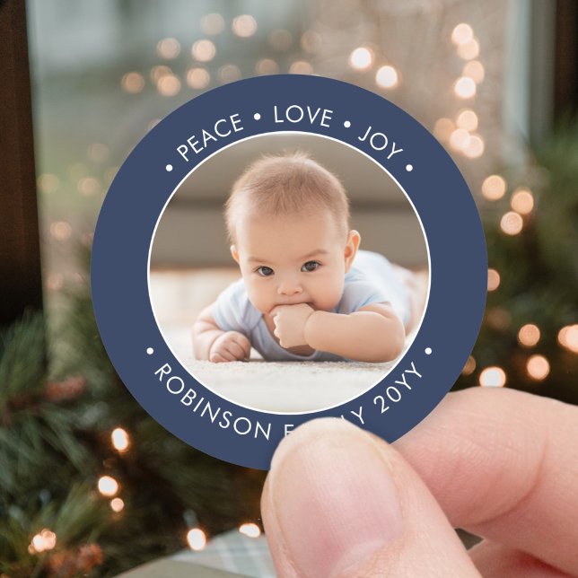 Any Text Navy Blue & White Peace Love Joy Photo Classic Round Sticker (Creator Uploaded)
