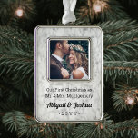 Any Text Newlyweds Photo Faux Marble First Married Christmas Ornament<br><div class="desc">Celebrate a joyful 1st holiday as a married couple with a custom photo "Our First Christmas as Mr. & Mrs." faux marble rectangular metal ornament. The image and all text on this template are simple to personalize. (IMAGE DESIGN TIP: To center the photo exactly how you want, crop it into...</div>