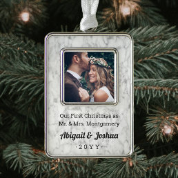 Any Text Newlyweds Photo Faux Marble First Married Christmas Ornament