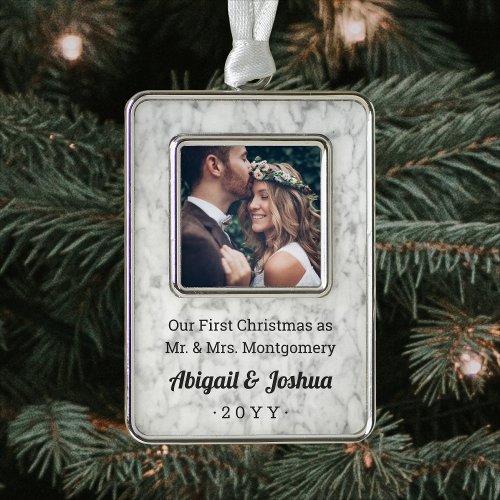 Any Text Newlyweds Photo Faux Marble First Married Christmas Ornament