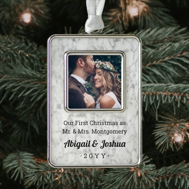 Any Text Newlyweds Photo Faux Marble First Married Christmas Ornament (Creator Uploaded)