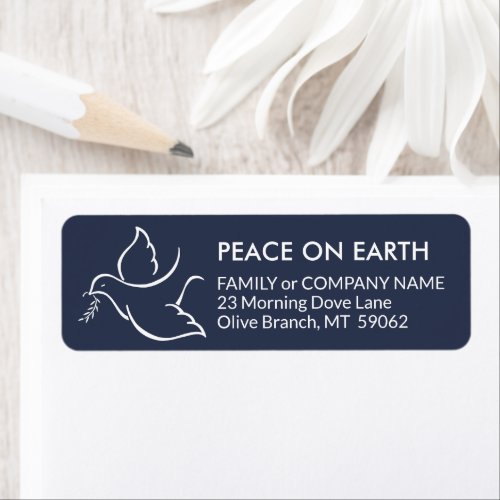 Any Text Peace Bird Navy Holiday Return Address Label - Add the perfect finishing touch to holiday greeting cards, invitations, gift baskets, or winter wedding thank you notes with these elegant navy blue and white return address labels.  All text can easily be customized for either personal or corporate use. Design features a simple bird of peace carrying a delicate olive branch and a stylish modern typography message of "Peace on Earth."  Happy Holidays!
