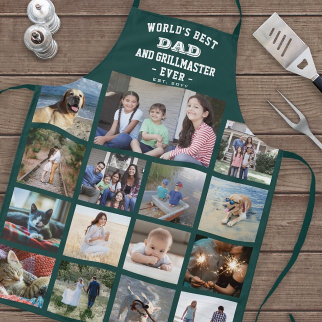 Any Text Photo Collage Best Dad Grill Master Green Apron (Creator Uploaded)