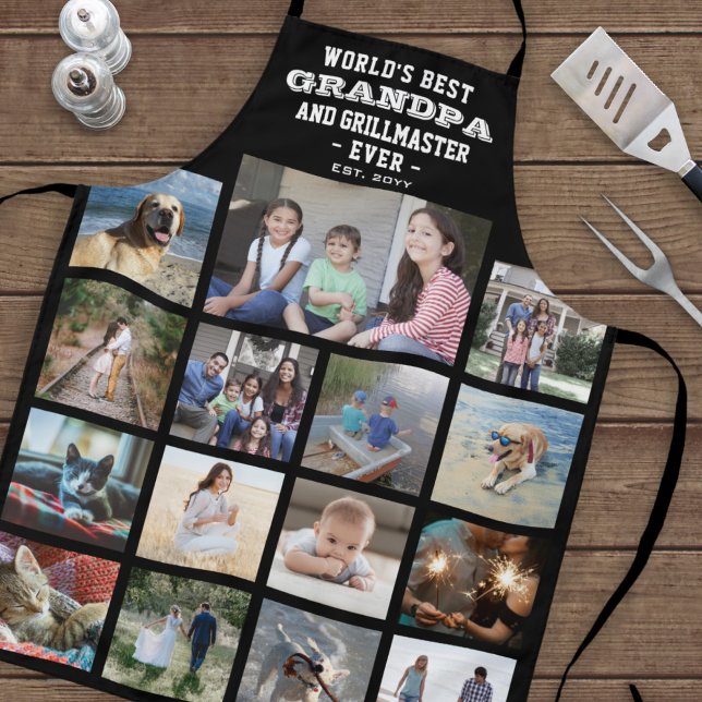 Any Text Photo Collage Best Grandpa Ever Black Apron (Creator Uploaded)