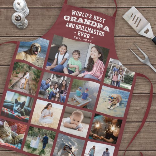 Any Text Photo Collage Best Grandpa Ever Burgundy Apron