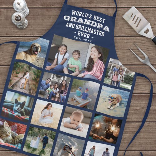 Any Text Photo Collage Best Grandpa Ever Navy Blue Apron