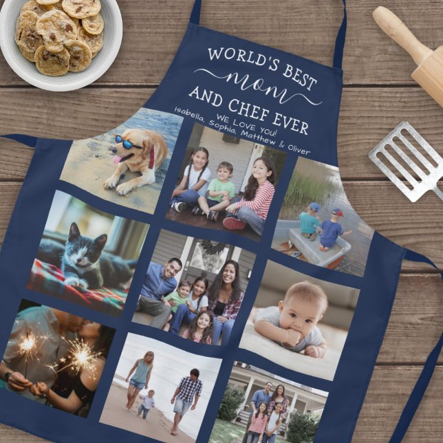 Any Text Photo Collage Best Mom Navy Blue & White Apron (Creator Uploaded)