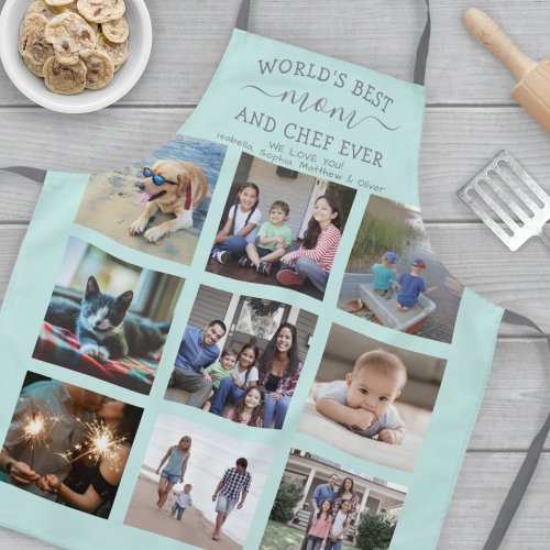 Any Text Photo Collage Best Mom Teal Blue  Gray Apron
