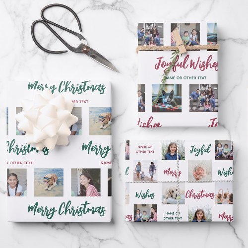 Any Text Photo Collage Brushed Red Green Christmas Wrapping Paper Sheets