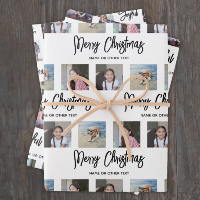 Any Text Photo Collage Brushed Script Christmas Wrapping Paper Sheets (Creator Uploaded)