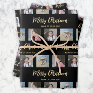 Any Text Photo Collage Chic Black & Gold Christmas Wrapping Paper Sheets