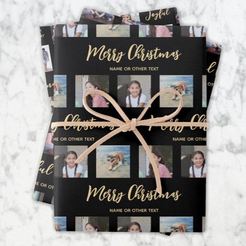 Any Text Photo Collage Chic Black  Gold Christmas Wrapping Paper Sheets