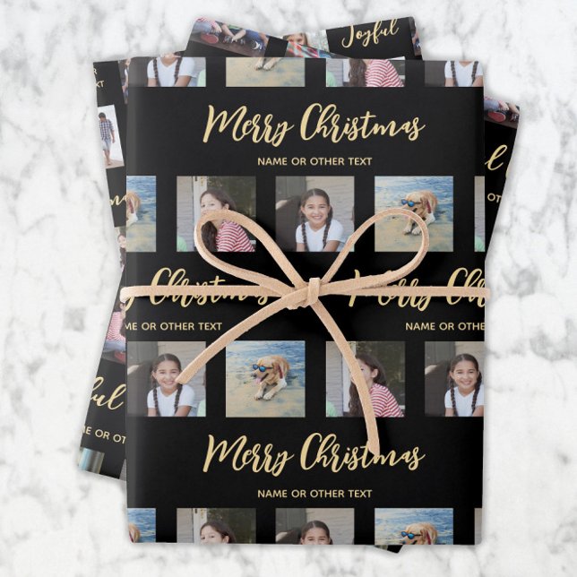 Any Text Photo Collage Chic Black & Gold Christmas Wrapping Paper Sheets (Creator Uploaded)