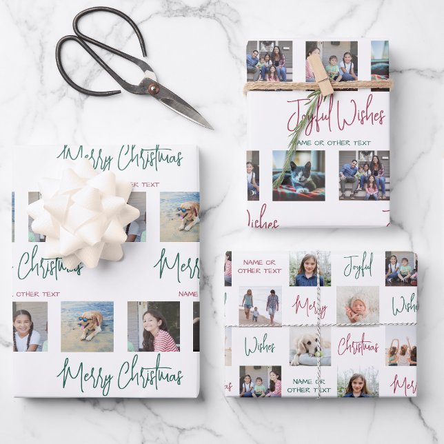 Any Text Photo Collage Modern Script Christmas Wrapping Paper Sheets (Creator Uploaded)