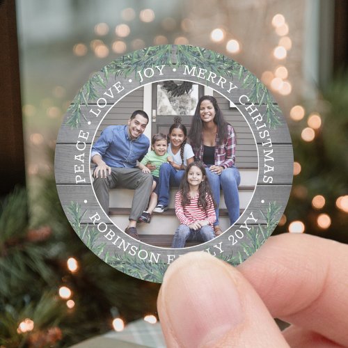 Any Text Photo Modern Farmhouse Greenery Grey Wood Classic Round Sticker