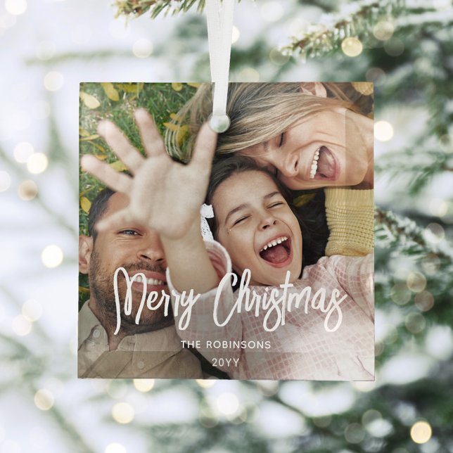Any Text Photo Overlay Modern Brushed White Script Glass Ornament (Creator Uploaded)