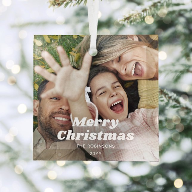 Any Text Photo Overlay Simple Retro Typography Glass Ornament (Creator Uploaded)