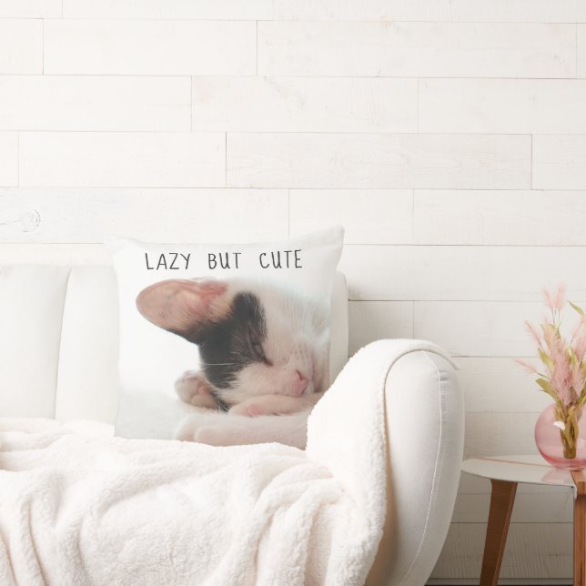 Any Text & Photo Simple Lazy But Cute Funny Cat Throw Pillow (Couch)