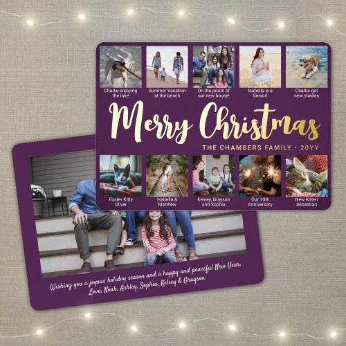 Any Text Purple 11 Photo Collage Christmas Script Foil Holiday Card