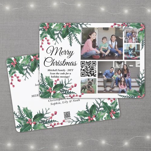 Any Text QR Code Christmas Holly 5 Photo Collage Holiday Card