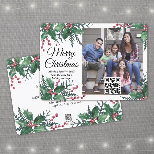 Any Text QR Code Christmas Holly Greenery 1 Photo Holiday Card