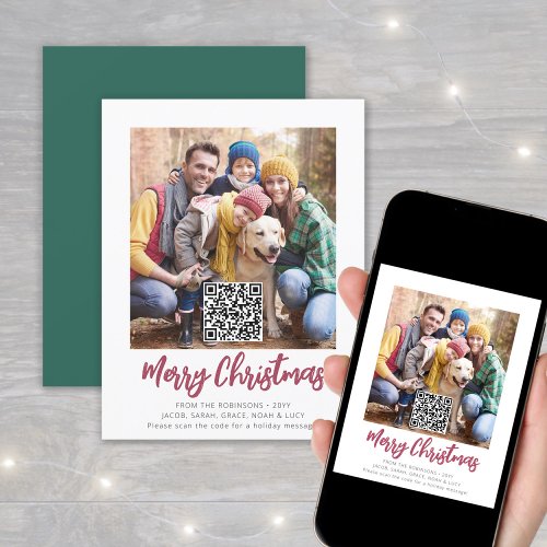 Any Text Red Script One Photo  QR Code Scannable Holiday Card