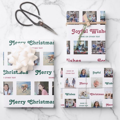 Any Text Retro Red Green Christmas Photo Collage Wrapping Paper Sheets