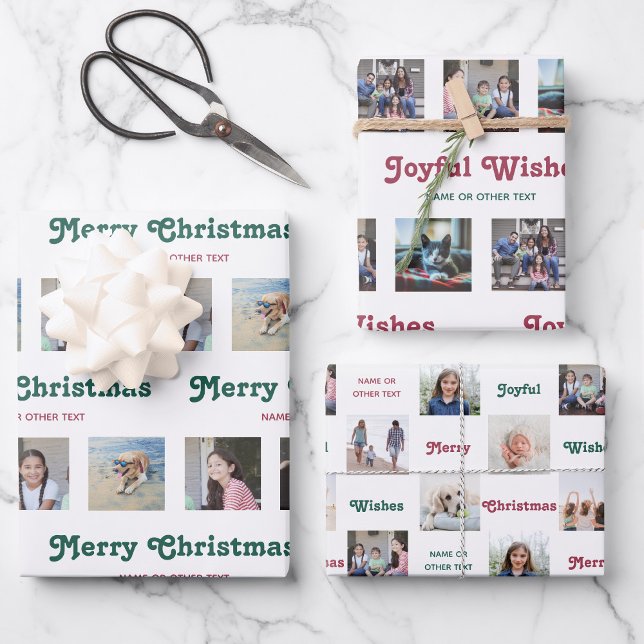 Any Text Retro Red Green Christmas Photo Collage Wrapping Paper Sheets (Creator Uploaded)