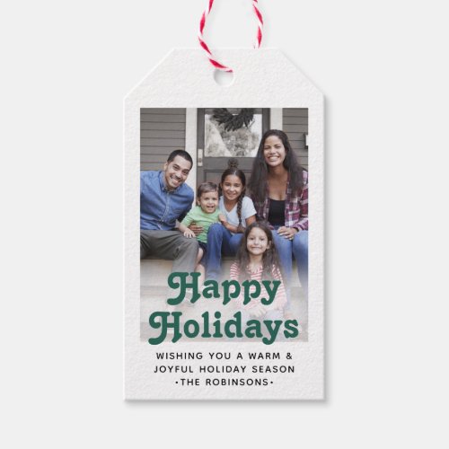 Any Text Retro Typography  Photo Festive Green Gift Tags