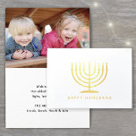 Any Text Simple Menorah Happy Hanukkah Gold Real Foil Card<br><div class="desc">Send Happy Hanukkah wishes with the chic luxe shine of gold real foil. Interior message is a simple printed gold color font (not foil). All text can be customized or deleted.Template includes options to change or delete greeting on front and/or message inside for a blank card. Minimalist modern design features...</div>