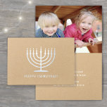 Any Text Simple Menorah Happy Hanukkah Silver Real Foil Card<br><div class="desc">Send Happy Hanukkah wishes with the chic luxe shine of silver real foil on premium kraft paper. Interior message is a simple printed light grey color font (not foil). All text can be customized or deleted.Template includes options to change or delete greeting on front and/or message inside. Minimalist modern design...</div>